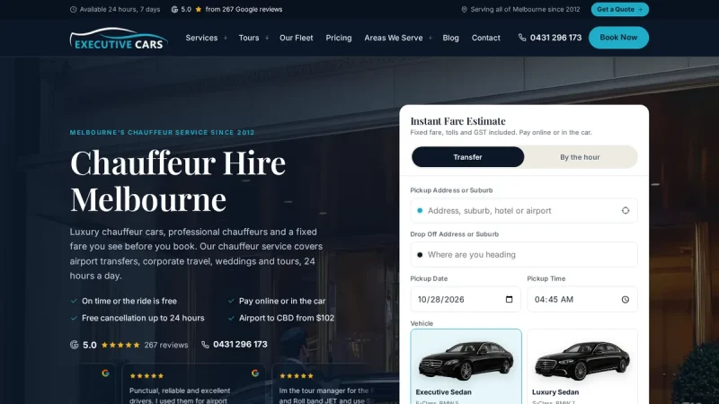Executive Cars Melbourne website, a case study by MH Tech Solutions